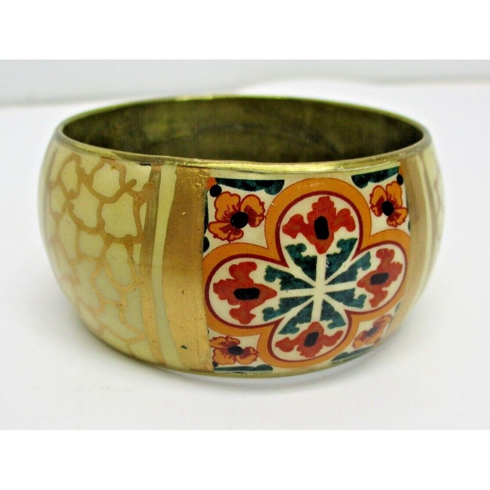 Wide 1⅜" brass bangle - metal with Patterned flower & colors